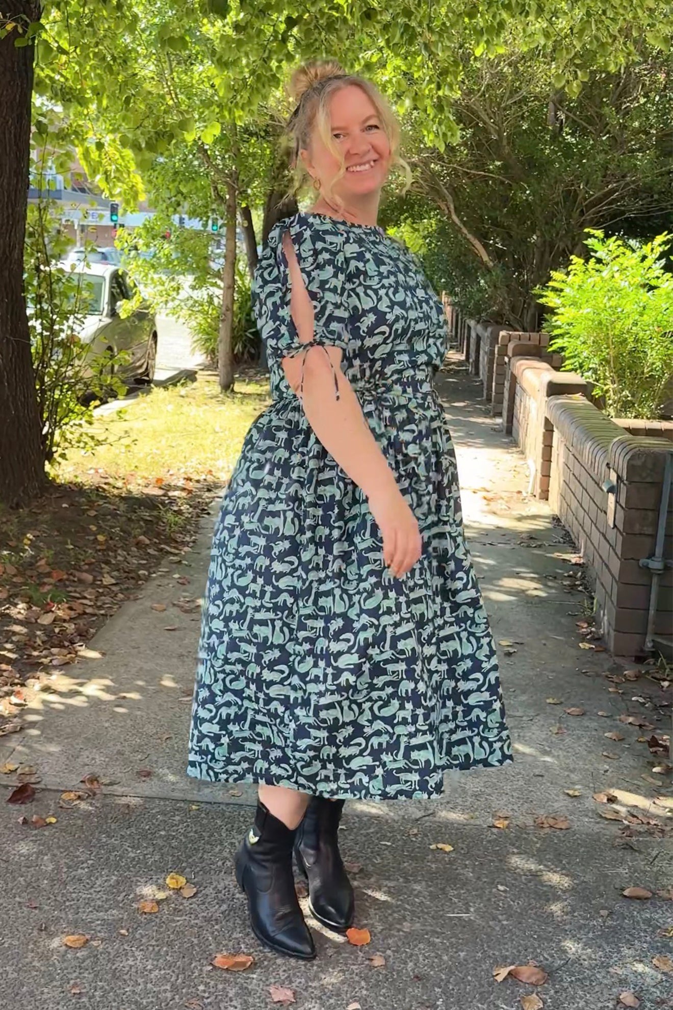 Load and play video in Gallery viewer, Harriet Dress Long Covered in Cats
