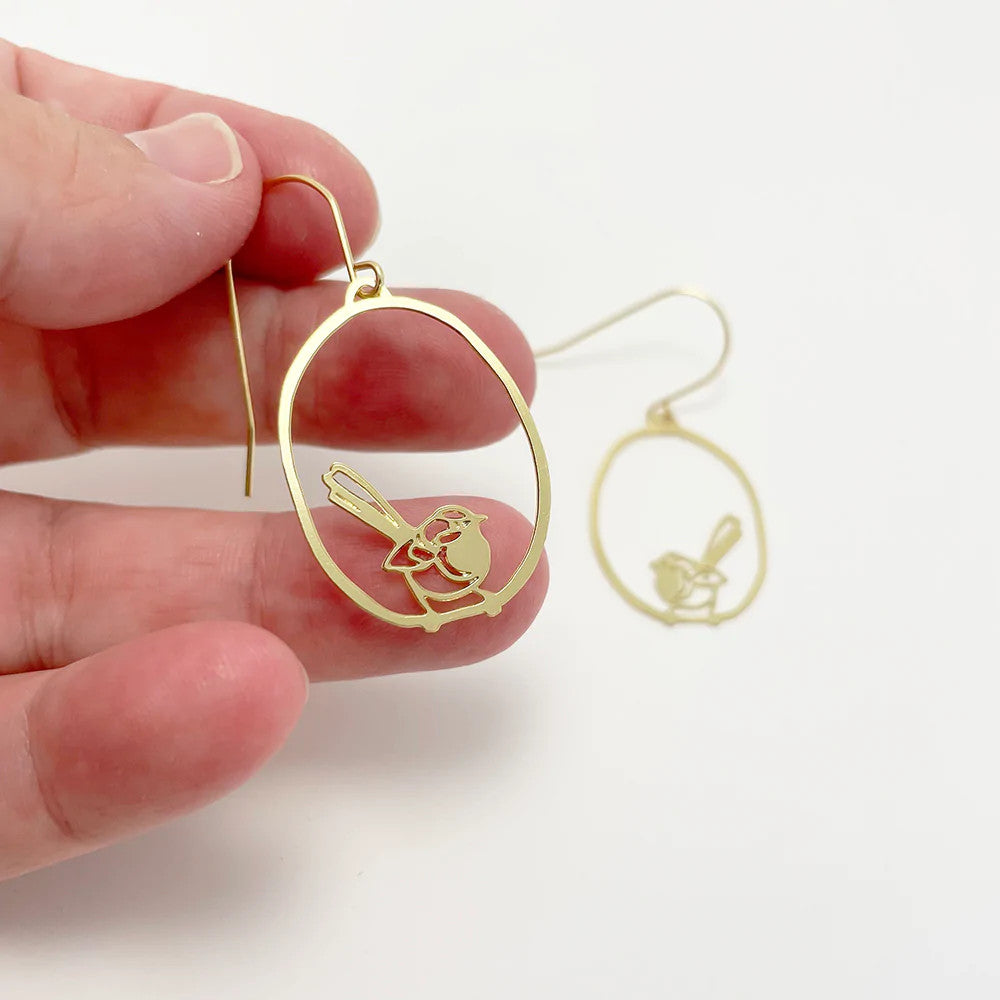 Mini Fairy Wren Dangle Earrings in Gold