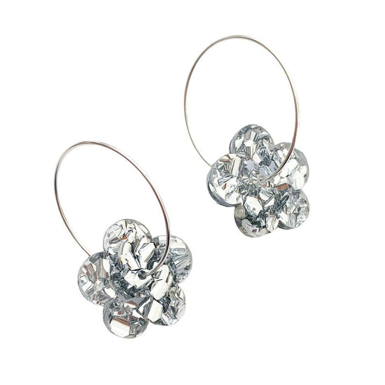 Load image into Gallery viewer, Mini Glitter Flower Hoops Silver
