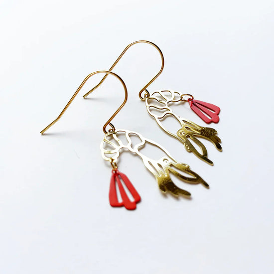 Mini Prawn Dangle Earrings in Gold and Coral