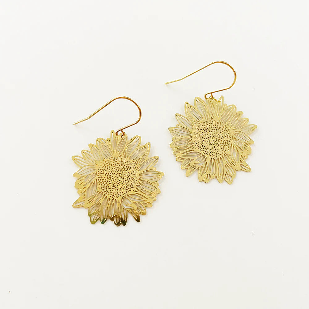 Mini Sunflower Dangle Earrings in Gold