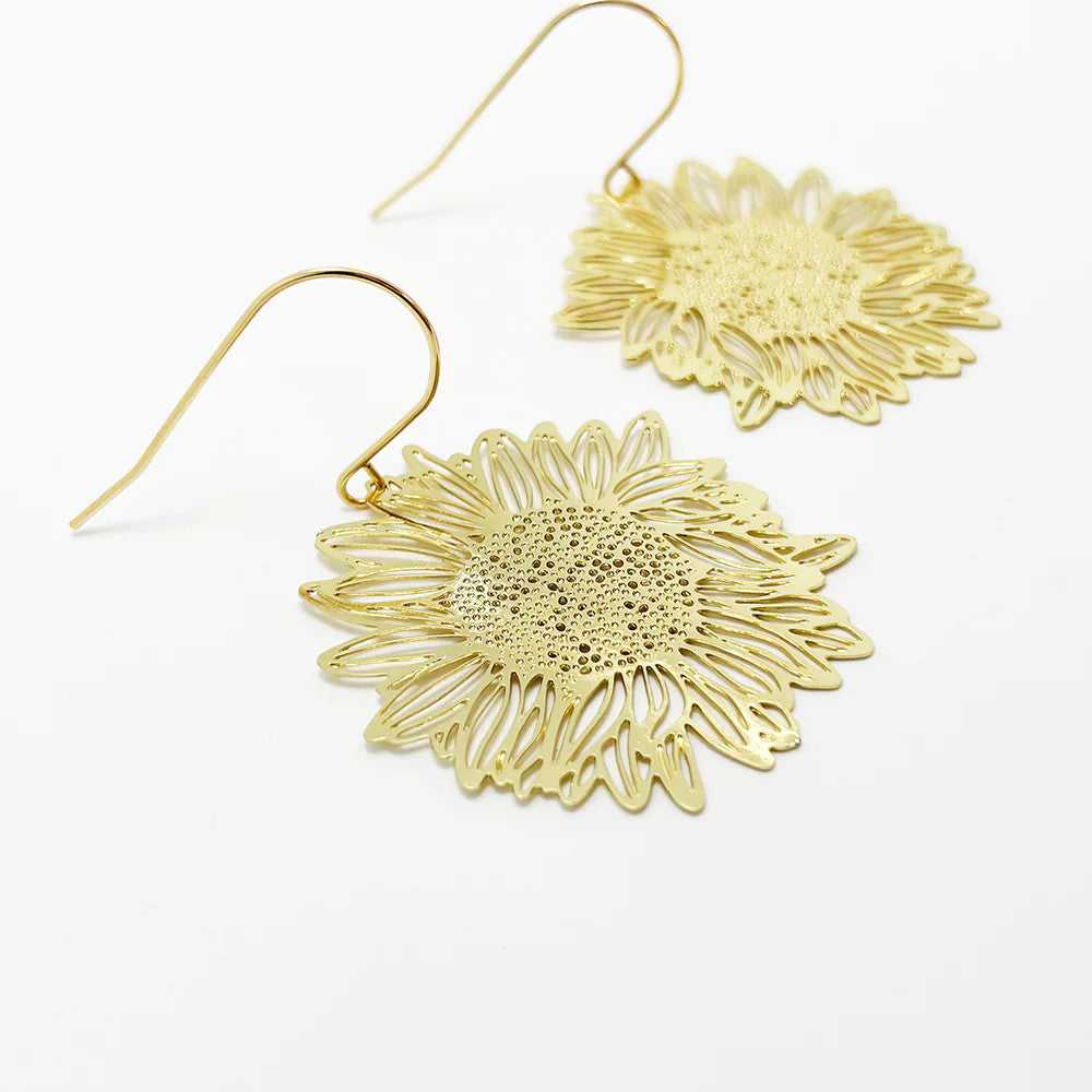 Mini Sunflower Dangle Earrings in Gold